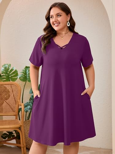 Image of AusLook Plus Size Midi Dress for Women Short Sleeve V Neck Criss Cross A Line Summer Casual Vacation Sundresses with Pockets