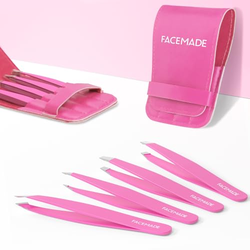 FACEMADE 4 Pack Tweezers Set - Professional Stainless Steel for Men and Women, Precision Eyebrow Facial Hair, Chin, Ingrown Hair Removal (Rose Red) (T4)