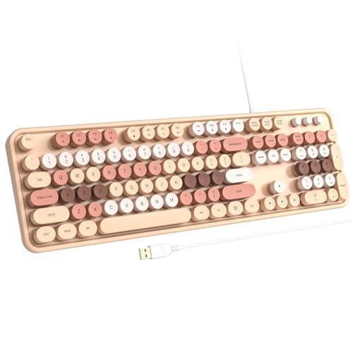 Image of Atelus Computer Wired Keyboard, Plug Play USB Full-Size Keyboard with Large Number Pad, Caps Indicators, Foldable Stands, for Windows 7 /8 /10 PC Laptop (Milk Tea Colorful)