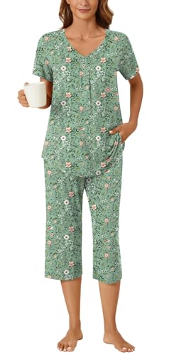 Image of Bestbee Women's Pajama Sets 2 Piece Lounge Outfits Summer Sleepwear V Neck Short Sleeve Capri Pant With Pockets Ladies Pjs