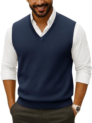 Moda Viva Mens Navy V Neck Sweater Vest - Lightweight Sleeveless Knit Pullover for Fall, Medium