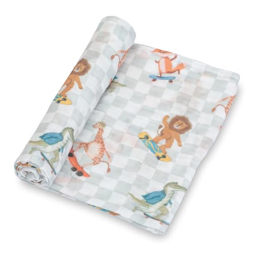 Image of LollyBanks 100% Cotton Muslin Swaddle Blanket, Gentle and Soft Baby Blankets for Boys and Girls, Lightweight 47 x 47 Inches Newborn Receiving Blanket, Newborn Essentials (Animal Skate Print)
