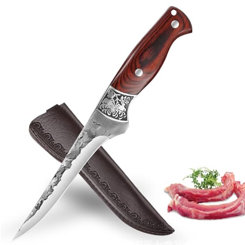 Fubinaty Ausbeinmesser japanische Kochmesser Hand geschmiedet Küchenmesser Full Tang High Carbon Steel Outdoor Kochen Messer mit Lederscheide für Home Camping BBQ