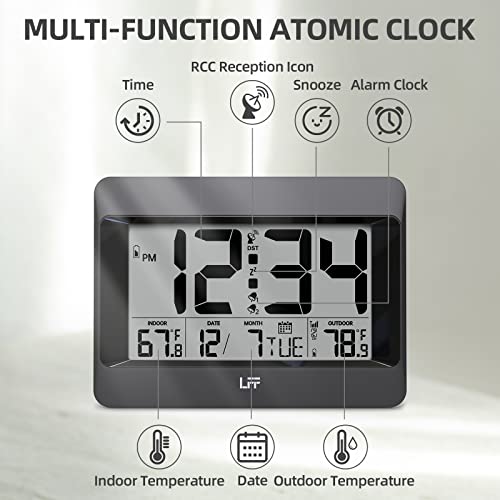 Lff Atomic Clock, Digital Wall Clock Battery Operated, Desk Alarm Clock With Indoor & Outdoor Temperature Date Large Display, Wireless Outdoor Sensor Clock For Bedroom Living Room Office, Auto Dst #TOP1