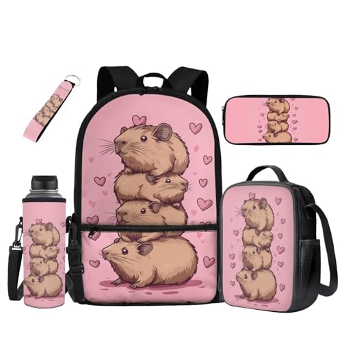 Dremagia Jenga Capybara School Bag Lunch Box Set for Primary Students 17 Inches Bookbag and Lunch Bag Pencil Case Water Bottle Holder Pencil Case Keychain 5-in-1, 1st Grade Backpack Lunchbox