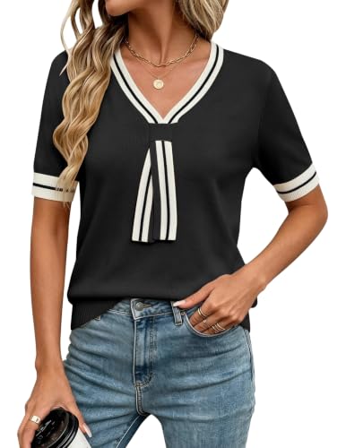 Image of Libsorge Womens Lightweight Cute Bow Tie Sweater Spring 2026 Business Casual Outfits V Neck Short Sleeve Tops