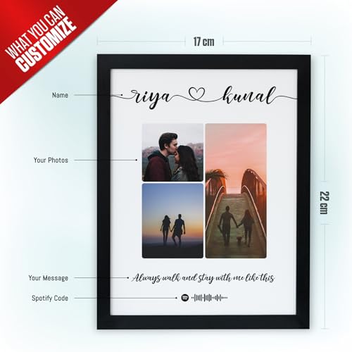 Image of Ritwika's Synthetic Wooden Personalized Pictures Collage Square Tabletop Photo Frame - Customizable Spotify Song & Photos - Plaque For Loved Ones, 7.5 x 9.5 Inch, Set of 1, Black