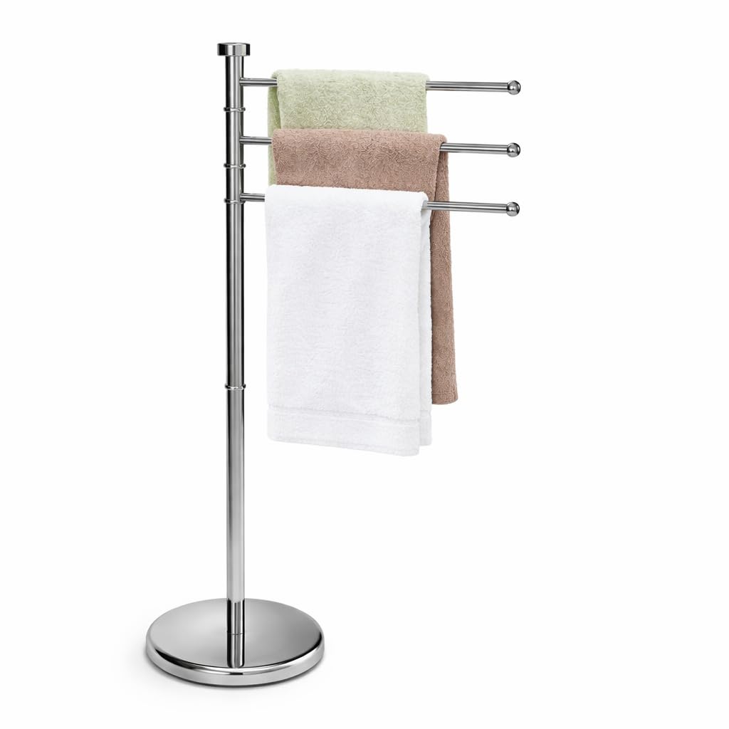 Porta Asciugamani da Terra, 3 Bracci Girevoli, Acciaio Inox, Altezza 83 cm, Portasciugamani Bagno Moderno, Salvaspazio (Cromato)