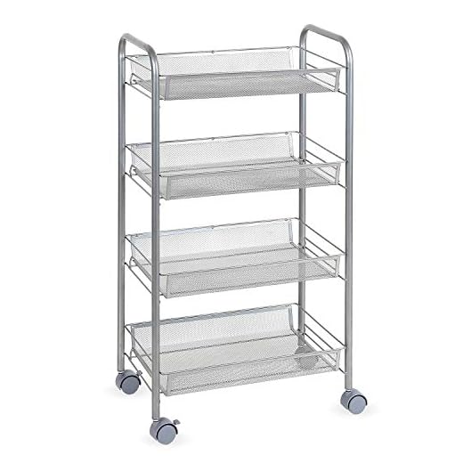 HOMFA Carrito Auxiliar con Ruedas y 4 Bandejas de Malla Metálica para Cocina Baño salón Plata 45x27x85cm