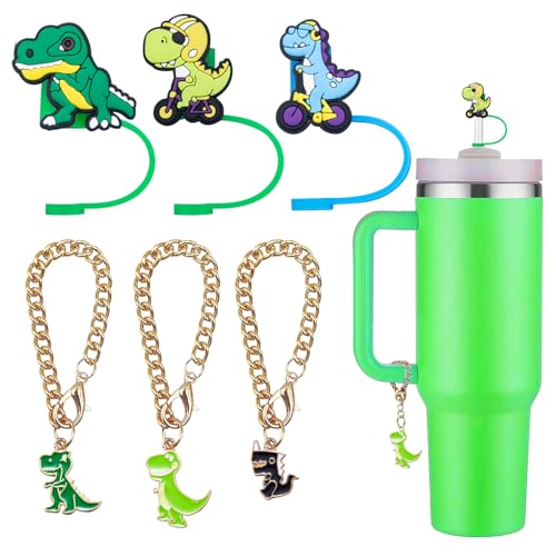 Dinosaur Straw Cover Cap, Compatible with Stanley Cup Accessories, Dinosaur Straw Topper 8mm for Stanley Cups (3 Caps + 3 Chains)