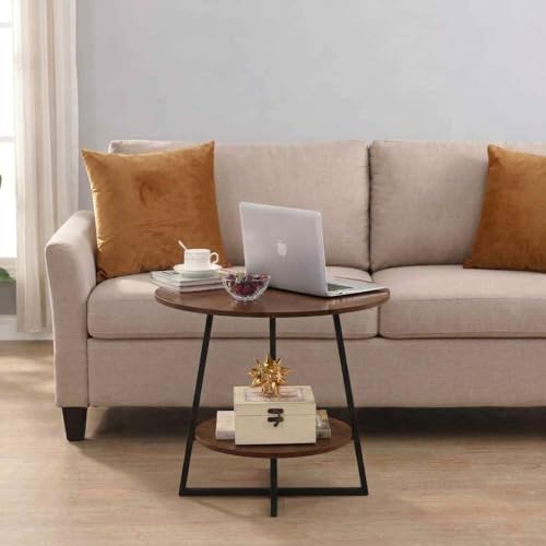 Image of Al Hama Rustic Farmhouse End Table Modern 2 Tier Sofa Side Bedside Table, Metal Frame Nightstand, Multipurpose Living Room Bedroom Coffee Table Black Brown