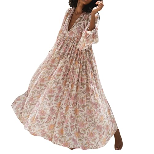 Women Floral Maxi Dress Boho Printed 3/4 Lantern Sleeve V Neck Maternity Dress Beach Loose Sundress Pregnant - Main Image