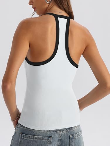 Danysu V-Ausschnitt Tank Tops mit integriertem BH für Damen Basic Taillierte Gym Oberteil Sexy Sommer Outfits Weiß mit Schwarz XS