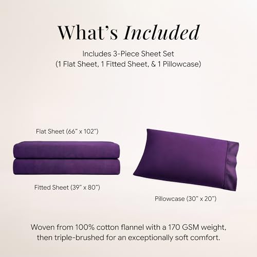 Image of Tribeca Living Triple Brushed Soft Cotton Flannel Sheets Set, Twin XL Size 170-GSM Weight Extra Deep Pocket Sheet in Solid Purple Color