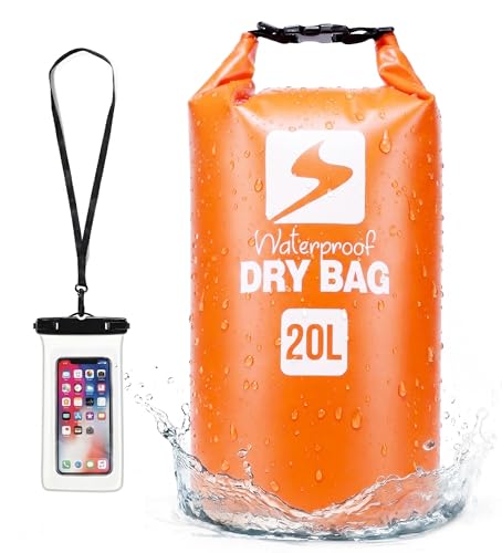 Image of Soulsfeng Waterproof Dry Bag Backpack, Roll Top Floating Dry Storage Bag with Phone Case, Lightweight Dry Sack for Kayaking, Boating, Beach, Travel, Camping 20L, Orange