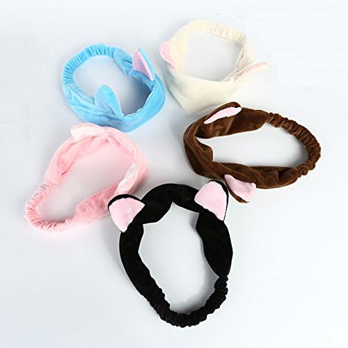 USRommaner 5 Packs of Plush Cute Cat Ear Hairband Colored Elastic Headband Adorable and Comfortable Makeup Cosmetic Facial Cleasing Headband for Women Girls