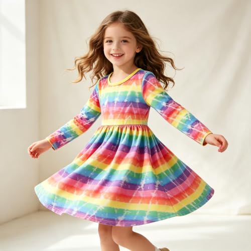 Image of Tkria Toddler Girls Rainbow Dress Striped Fall Dress Cartoon Colourful Long Sleeve Casual Dressy 2-7T