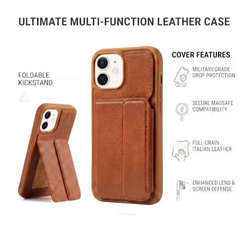 Image of amazon basics Luxury Vegan Leather Back Cover for iPhone 11 | Built-in Card Holder Slot | Integrated Mobile Stand | Slim Shockproof Protective Case with Stitched Finish - Tan