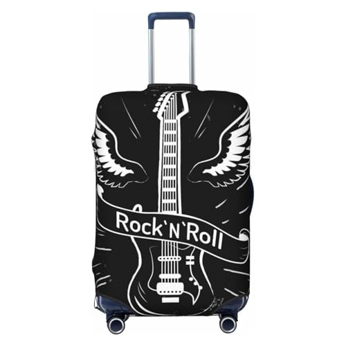 Rock'N'Roll Written In Ribbon Image Of Electric Guitar With Wings Behind It Luggage Cover, Protective Washable Suitcase Cover - Travel High Elastic Fibers Suitcase Protector Fits Large