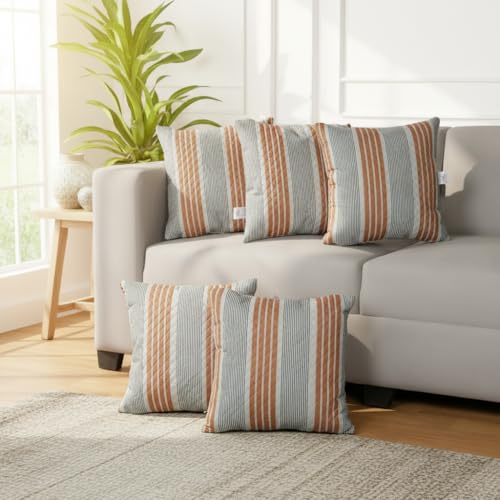 Image of STITCHNEST 'QuadraNest' Series Printed Quilted Velvet Cushion Cover 16x16 Inch Set of 5 | Premium Soft Fabric, Washable & Fade Resistant | Decorative Living Room Cushion Covers| Mustard & Grey Stripe