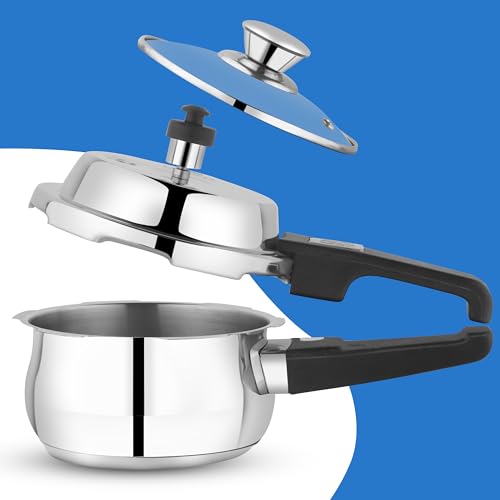 Image of GARUDA NRI Stainless Steel Pressure Cooker with Glass Lid, Handi Shape, Sandwich Bottom, Induction Compatible (1.5 Litres)