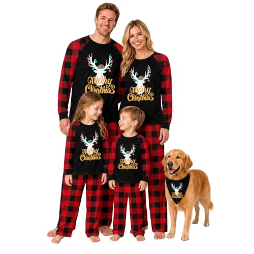 Image of IFFEI Matching Family Pajamas Sets Christmas PJ's with Letter and Plaid Printed Long Sleeve Tee and Bottom Loungewear