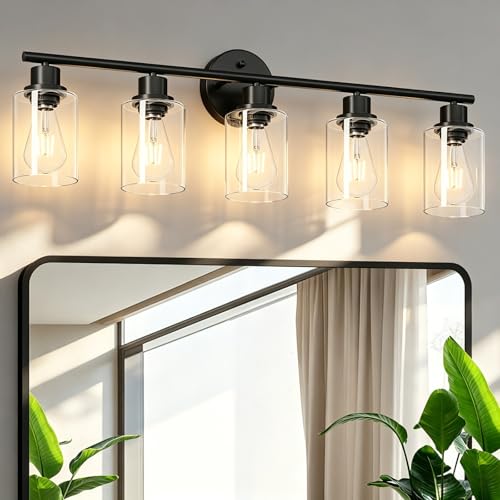 Image of 5-Light Black Bathroom Vanity Lights, E26 Modern Bathroom Light Fixtures with Clear Glass Shade, Mirror Kitchen Hallway Cabinet Living Room Sconces Wall Lights
