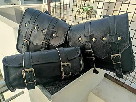 American Blue Alforjas de cuero hechas a mano para motocicleta || Equipaje para motos, bicicletas, deportes de motor, ciclomotores || Juego de 3 bolsas laterales de cuero para motocicleta de doble