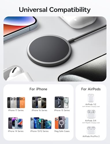 Image of Magnetic Wireless Charger, JSAUX Magnet Wireless Charging Pad Compatible with iPhone 13 /13 Pro /13 Pro Max /13 Mini, 12 /12 Pro /12 Pro Max /12 Mini, AirPods 3 2 Pro, Mag-Safe Charger, Mag Charger-Black