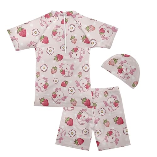 Girls 3 Piece Swimsuits Set Bathing Suit Short Sleeve Swim Shirt with Trunk and Hat 5-14 Years2