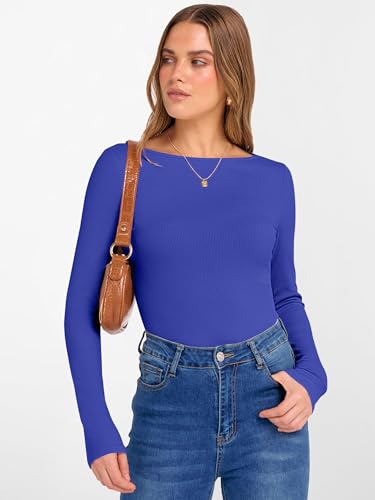 Image of ANRABESS Women's Boat Neck Long Sleeve Shirts Rib Knit Slim Fitting Tops Basic Tees 2026 Casual Comfy Fall Outfits Clothes