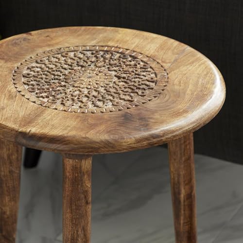 Image of WOOYNEX Wooden Table with Three Legs A Modern Round Coffee Table and Side Table for Small Spaces with Pillar, Wood Books, Magazines, and Plant Stand for Living Room Entryway Table. (Brunt)