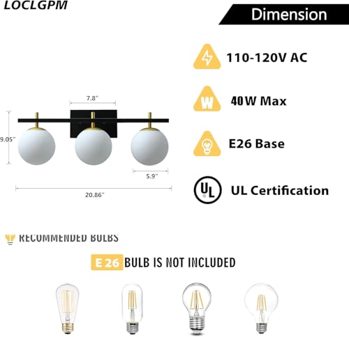 Image of Mid Century 3-Light Bathroom Vanity Light Over Mirror, Black and Gold Modern Bathroom Light Fixtures with Milky White Frosted Glass Globe Shade, Wall Sconces for Bathroom, Stairs, Kitchen