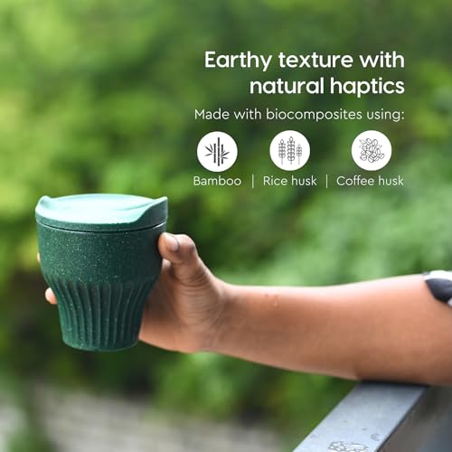 Image of Eha Earth Friendly Rafter Coffee Mug with Lid | Tea Cup Set | 250 ml | Made with Rice Husk | Microwave Safe Mugs for Gifting | 2 Unit | Fern