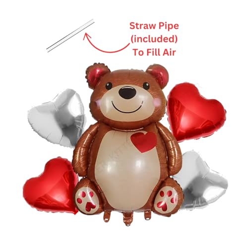 Image of KITTER Bear Theme Birthday Party Decoration Kit, Birthday Decor Foil Balloons Set for Boys Girls Kids, Set of 5 Pieces | Includes 1 Big Bear, 2 Red Hearts & 2 Silver /Chrome Colour Foil Balloons