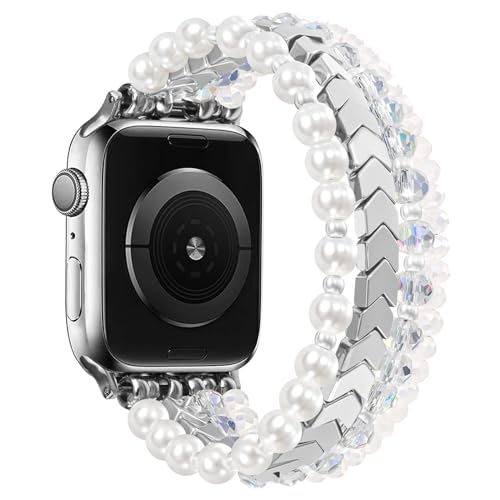 Image of MOFREE Beaded Bracelet Compatible for Apple Watch Band 38mm 40mm 41mm 42mm 44mm 45mm Women,Fashion Handmade Elastic Stretch Strap for iWatch Series SE 8 7 6 5 4 3 2 1