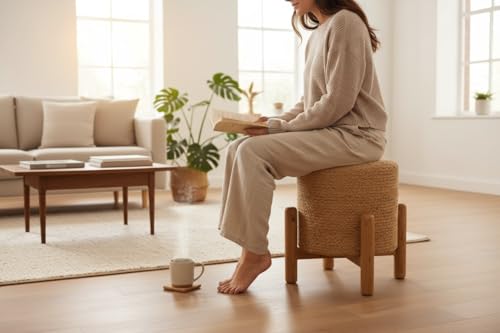 Image of Handcrafted Jute Ottoman Pouffe with Wooden Stand Support | Durable & Stylish Footrest Stool for Living Room & Bedroom | Natural Fiber Seating Pouf | 40x40x40 cm