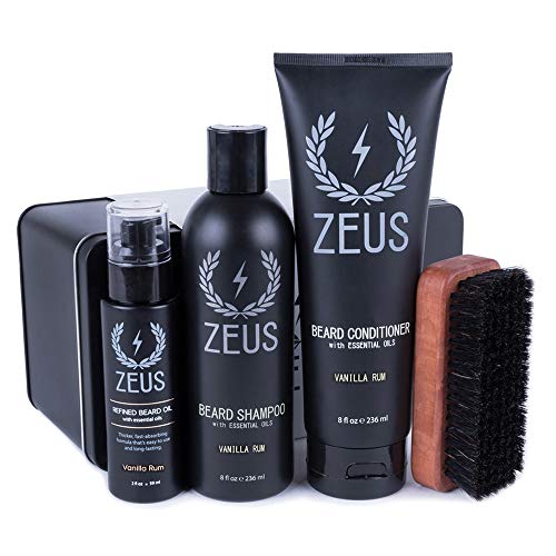 Zeus Deluxe Beard Wash & Care Set – With Beard Wash, Refined Beard Oil & Palm Beard Brush (Vanilla Rum) #TOP21