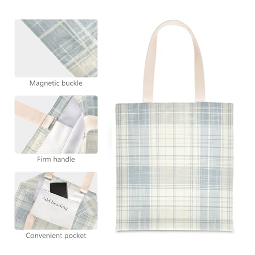 Light Blue Plaid Pattern Canvas Totes Bulk with handles Tote Bag With Pockets Reusable Grocery Bags for Travel Bolsa de lona4