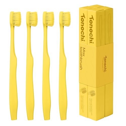 Tonochi Max Extra Soft Toothbrush for Adults with Sensitive Gums, Soft Bristle Toothbrushes, Wide Head for Back Teeth, Ergonomic Non-Slip Grip, BPA Free, Individually Wrapped, 4 Pack, Lemon Yellow