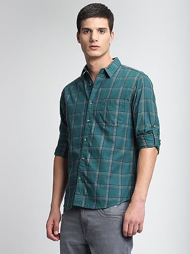Image of Dennis Lingo Men's Khaki Cotton Casual Shirt, Full Sleeve Slim Fit Spread Collar