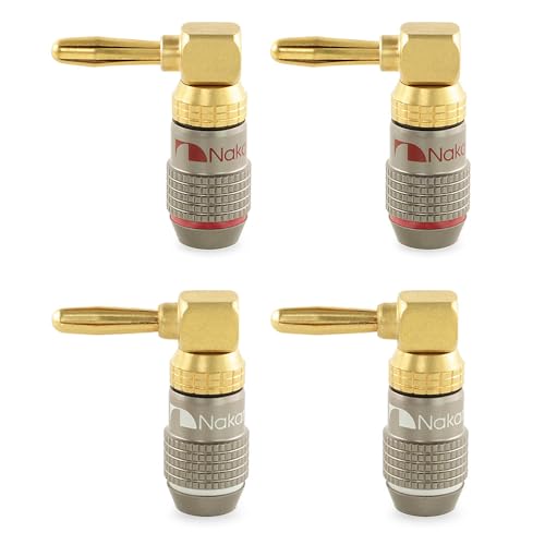 Nakamichi FanLock Excel Series 24k Gold Plated Right-Angle Banana Plug 10 AWG - 18 AWG Gauge Size 4mm for Speakers Amplifier Hi-Fi Home Theatre Wire Cable 90 Degree Quick Connector, 4 Pcs (2-Pairs)