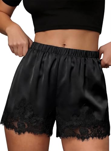 EVALESS Womens Shorts Satin Silk Lace Shorts 2026 Summer Low Rise Micro Mini Slip Pajama Shorts Cute Beach Clothes Casual Elastic Waist Bottoms with Pockets Black Large