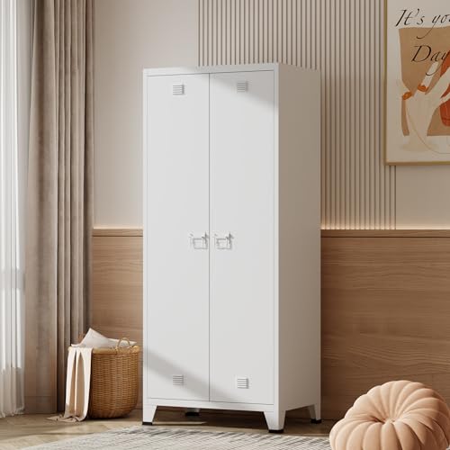 [en.casa] Armario Ropero Hankasalmi Armario Dormitorio Guardaropa 2 Puertas con Ranuras de Ventilación Perchero 5 Compartimentos Estantes Regulables Acero Acero 180 x 90 x 40 cm - Blanco