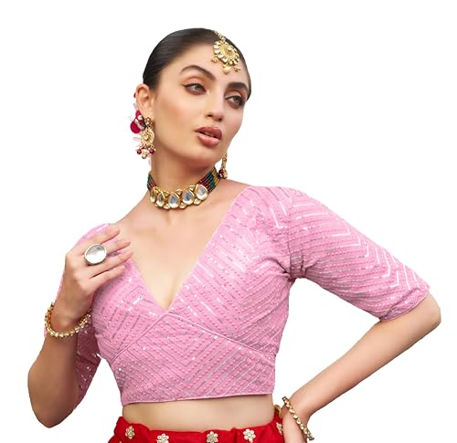 Pujia Mills Womens Fancy Readymade Ethnic wear Half Sleeve Sequins Saree Blouse sabyasachi Blouse for Women Saree and Lehenga Choli Bridal Blouse