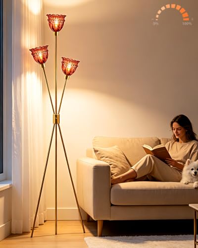 Image of Lightdot 3-Lights Glass Tripod Floor Lamp Gold Dimmable Floor Lamps with 3000K Warm White Bulbs for Wedding Party 62IN Tall Standing Lamp with Deep Red Glass Shade for Living Room /Bedroom /Home Decor