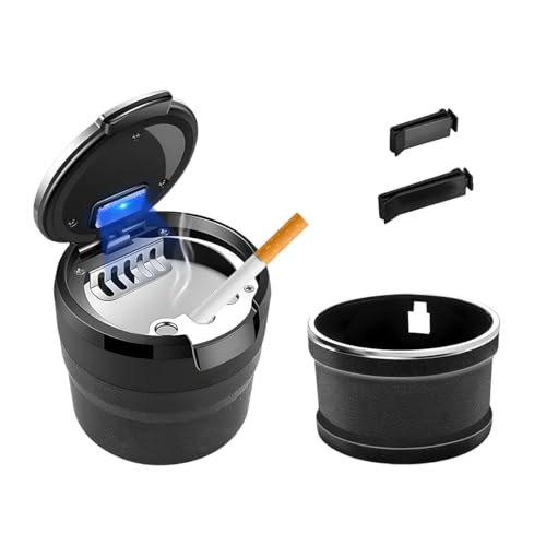 Image of Car Ashtray with Lid, Detachable Smokeless Steel Ash Tray with LED Light for Car Cup Holder Air Vent, Mini Portable Ashtray Universal for Most Vehicle Interior, Home, Office (Silver)
