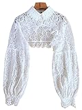 SansoiSan Fake Collar Long Lantern Sleeve Flower Embroidery Lace Half Blouse for Women False Collar Shirts Attachment White