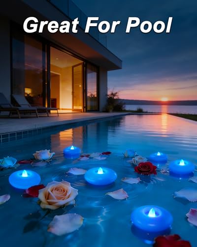 Image of Homemory 12 Pack 3 inch Flameless Led Floating Candles, 200 Hour Blue Battery Operate Waterproof Tealights for Cylinder Vases, Centerpieces at Wedding Decor, Party, Pool