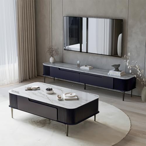 Image of DecorNation Valencia Faux Marble Coffee Table - Modern Center Table for Living Room, Metal Legs, Midnight Azure Finish | Living Room Furniture, Centre Table with Storage Drawer